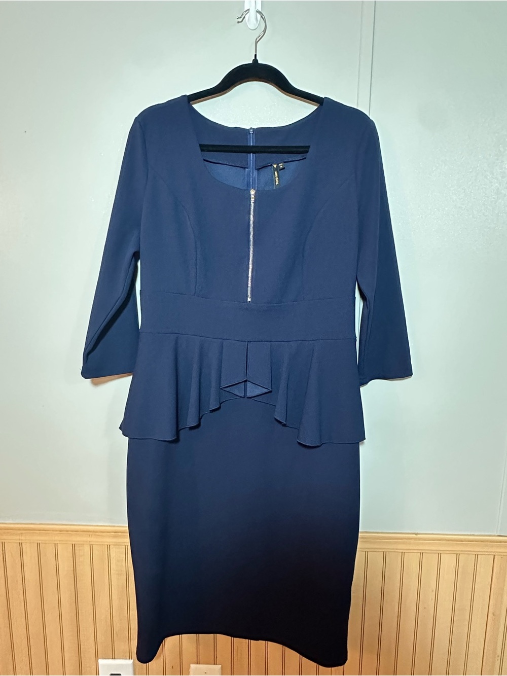 NWT Miusol Women’s Navy Blue Peplum Sheath Dress with Front Zip Old Money Preppy